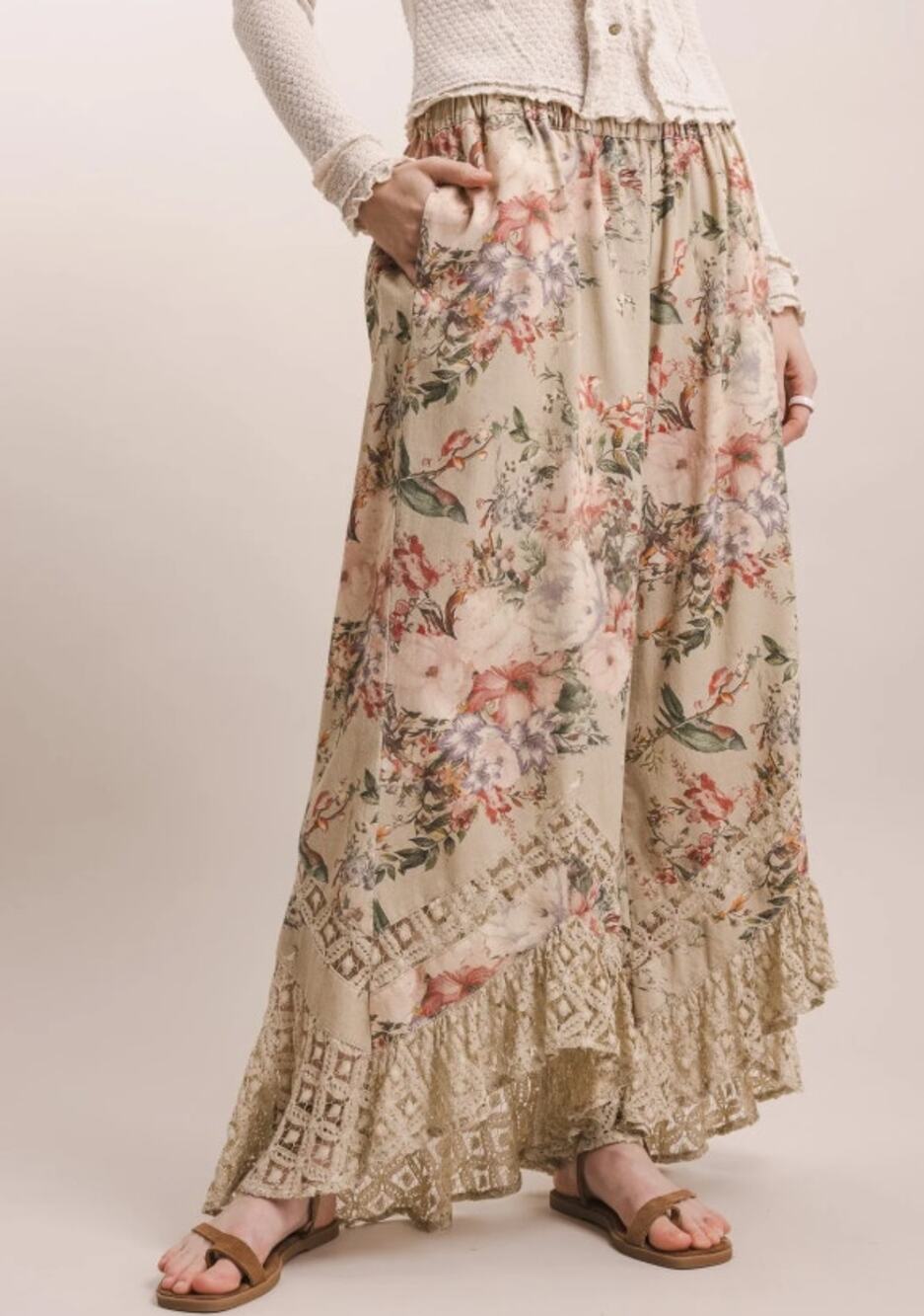 Blue Velvet Floral Lace Accents Wide Leg Pants XL NWT - Garden Romantic